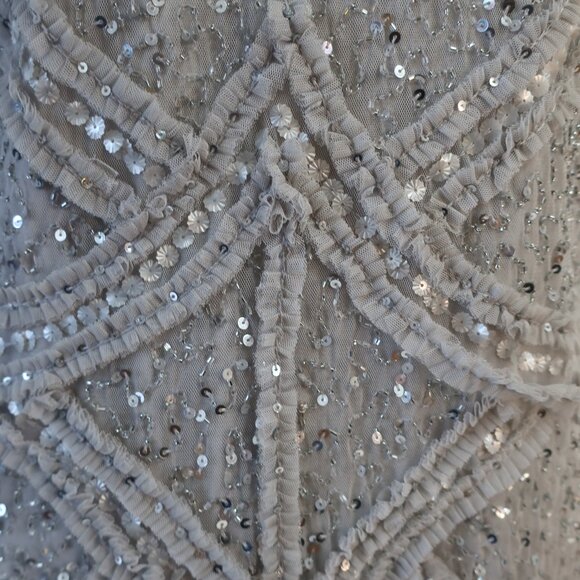 Womens Aidan Mattox Gray Silver Sequin Cap Sleeve Midi Sheath Pencil Dress 14 - Picture 6 of 16